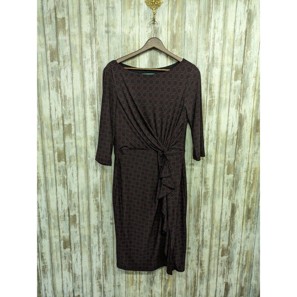 Lauren Ralph Lauren Black Burgundy Geo Print 3/4 Sleeve Dress Ruched Career 10